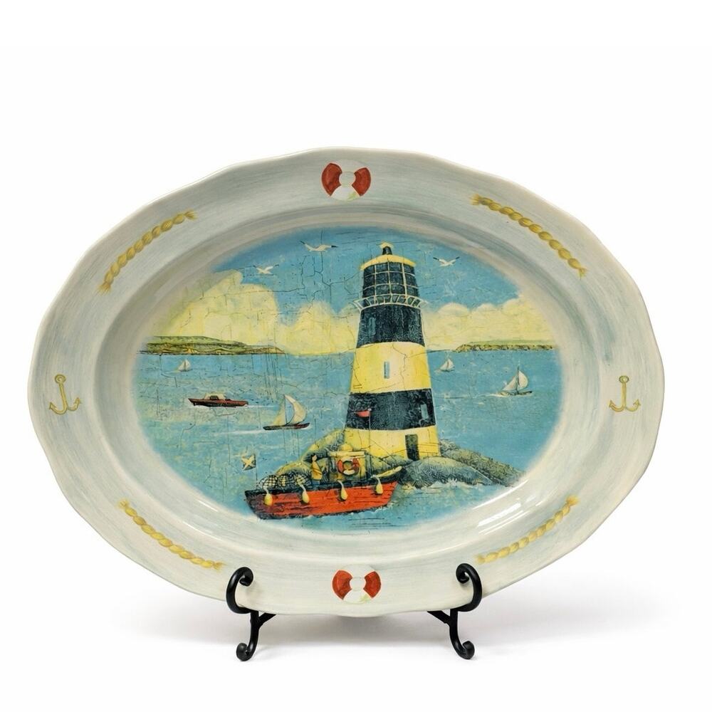 Vintage Oxney Green Lighthouse Oval Platter Nautical Coastal Decor 17"